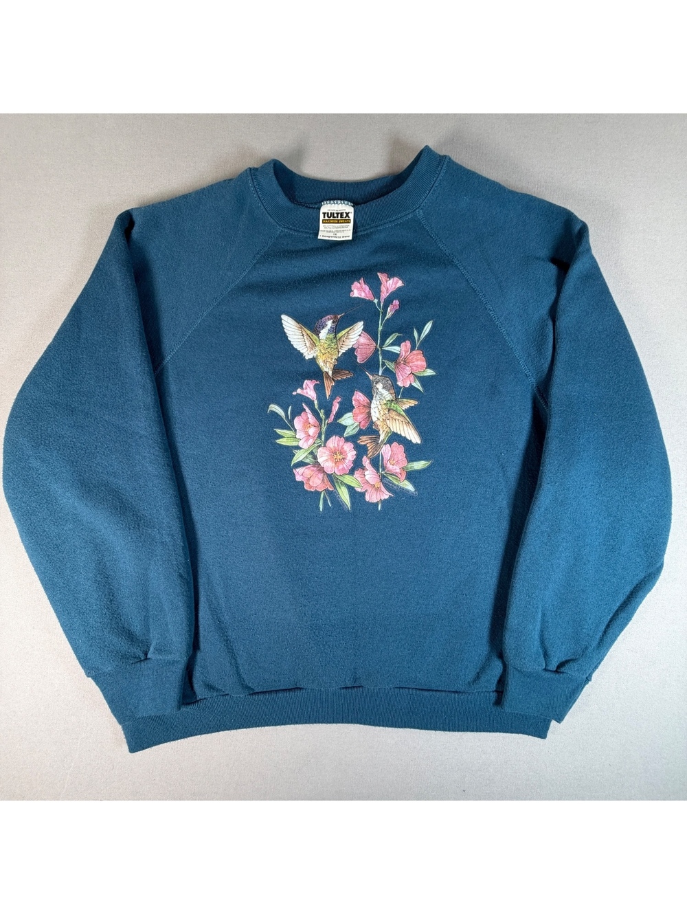 VTG 90s Tultex Hummingbird Floral Sweatshirt Womens 1X Teal Made USA 24.5x26.5